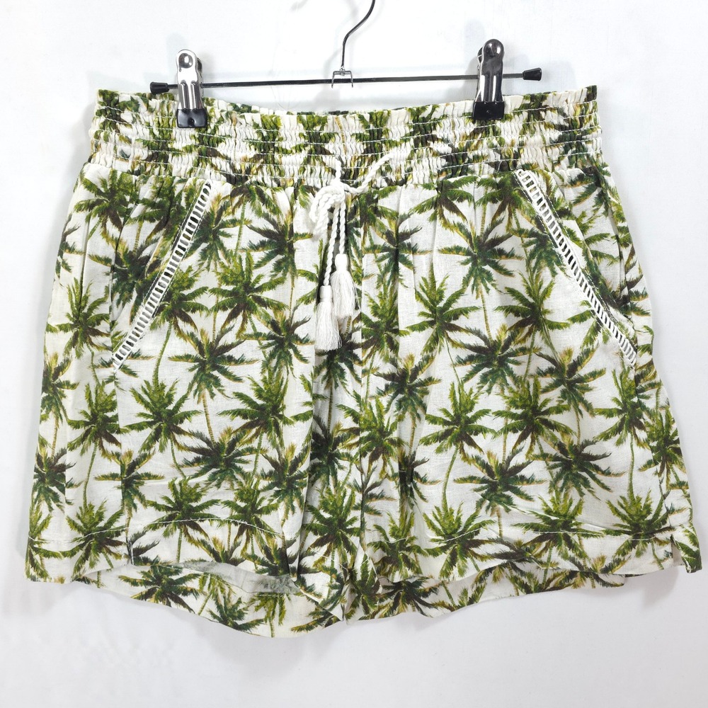 Briggs Linen Blend Palm Tree Shorts L Tassel Drawstring Green Tropical Coastal